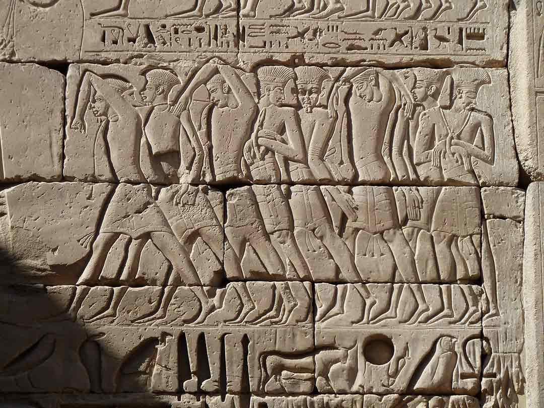 Relief commemorating the victory of Ramses III on his mortuary temple at Medinet Habu